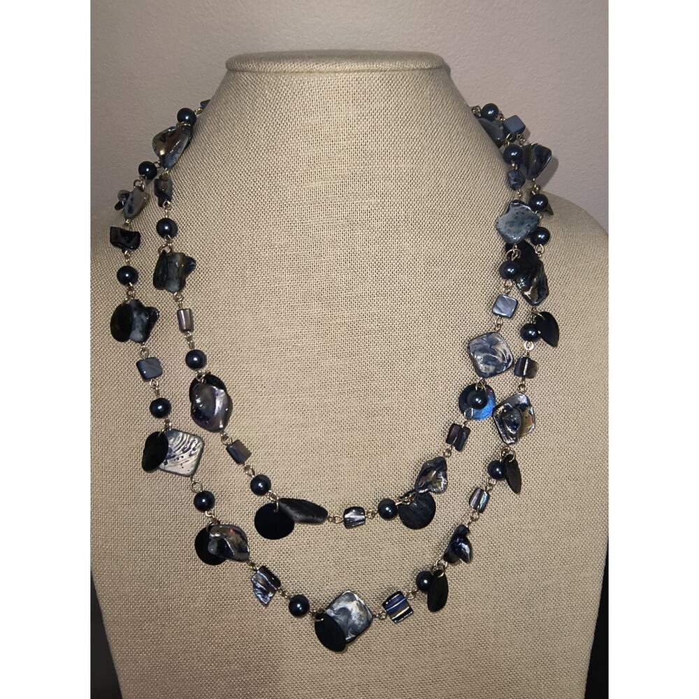 Long Iridescent Blue Shell and Bead Statement Necklace